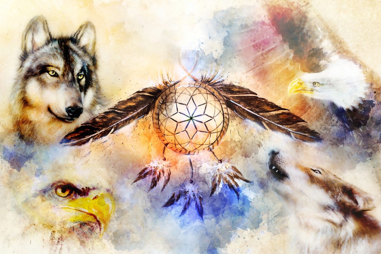  A painting of a dreamcatcher with a wolf, an eagle, and a bear on either side.