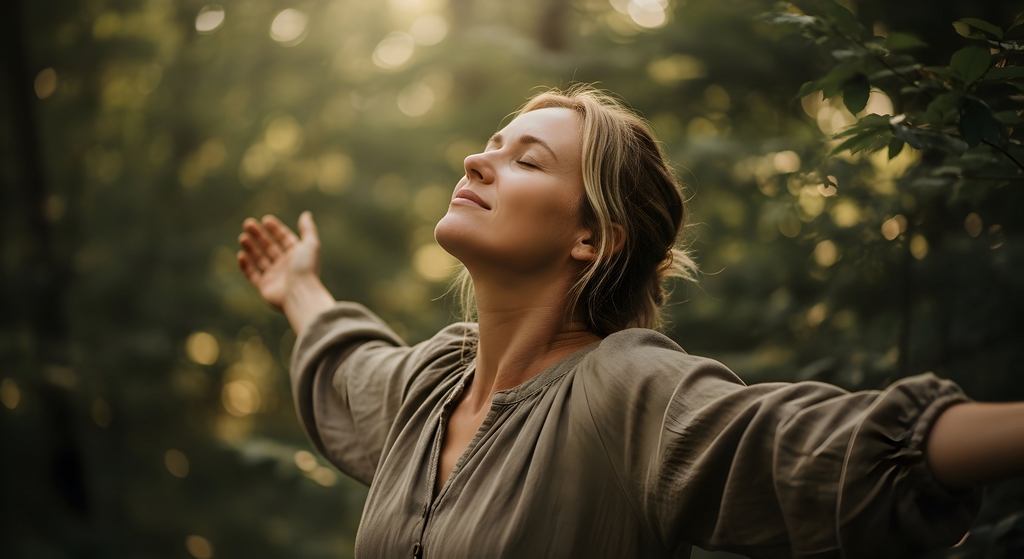 Femme les bras ouverts au lever du soleil dans la nature, symbolisant la reconnexion au cœur, la paix intérieure et le lâcher-prise