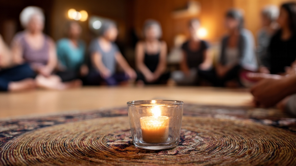 Cercle groupe partage bienveillance Groupe de personnes assises en cercle autour d’une bougie, symbolisant le partage, la présence et la connexion humaine