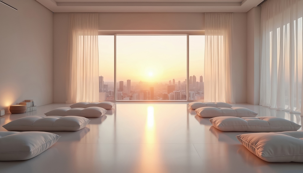 Espace méditation épuré lumière douce Espace de méditation épuré et lumineux avec coussins au sol, symbolisant le retour à l’essentiel et un apaisement intérieur