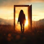 Silhouette franchissant une porte lumineuse dans la nature, symbolisant un passage, une transformation intérieure et un réalignement