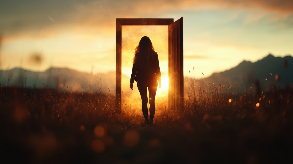 passage-transformation-lumiere-realignement Silhouette franchissant une porte lumineuse dans la nature, symbolisant un passage, une transformation intérieure et un réalignement