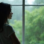 Personne seule dans la pénombre regardant la lumière, symbolisant un blocage intérieur et une recherche de transformation