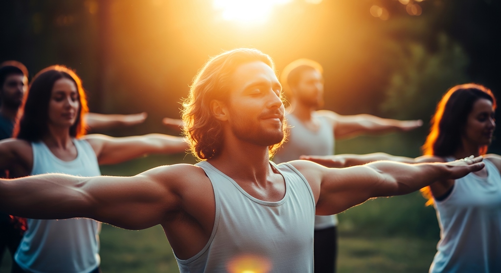 Transformation énergie groupe mouvement Groupe de personnes en mouvement conscient en extérieur, symbolisant une transformation corporelle, énergétique et collective
