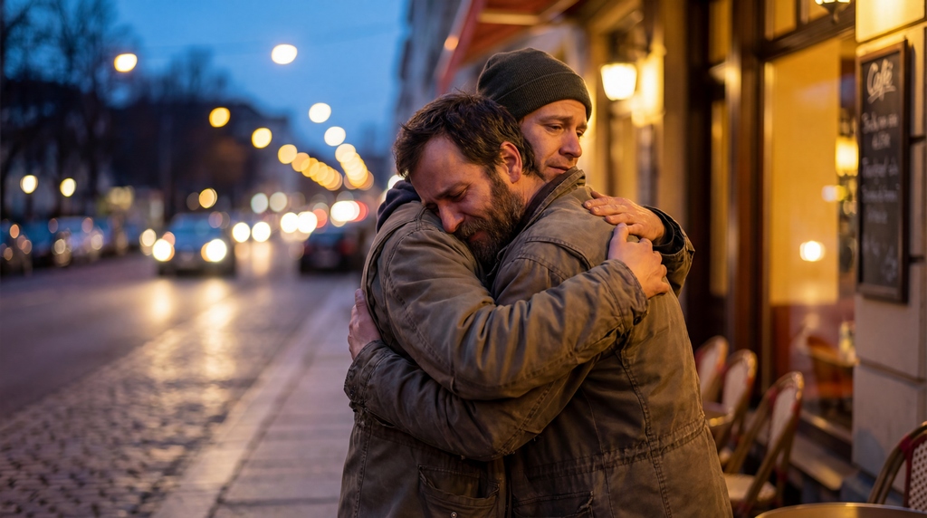 Deux personnes se prenant dans les bras, symbole de compassion, de pardon et d'ouverture du cœur.