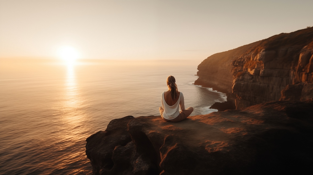 Femme assise en méditation face à l'océan au coucher du soleil, symbolisant le recul, la conscience et la transformation des épreuves de la vie.