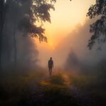Personne avançant dans une forêt brumeuse vers la lumière, symbole de transformation intérieure et de chemin d'éveil.