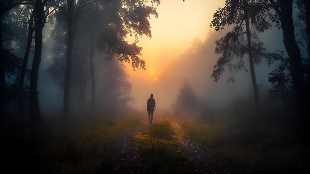 Personne avançant dans une forêt brumeuse vers la lumière, symbole de transformation intérieure et de chemin d'éveil.