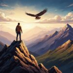 Un homme face à la lumière et aux montagnes, accompagné par un aigle, symbole de confiance dans le Grand Esprit.