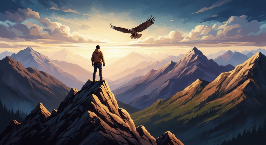 Faire confiance au Grand Esprit Un homme face à la lumière et aux montagnes, accompagné par un aigle, symbole de confiance dans le Grand Esprit.