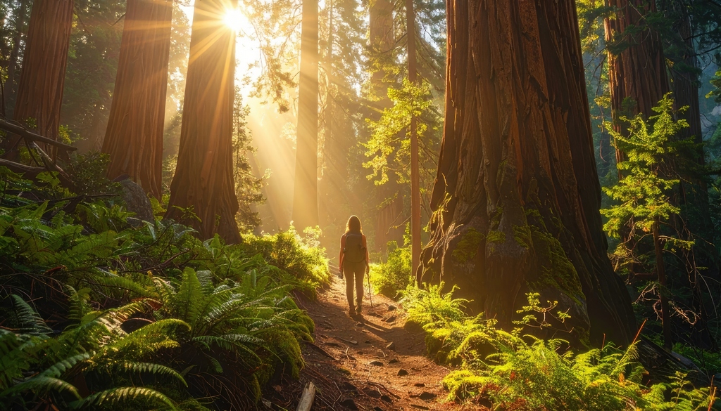 Avancer sur son chemin intérieur Personne avançant sur un chemin en forêt éclairé par la lumière du soleil