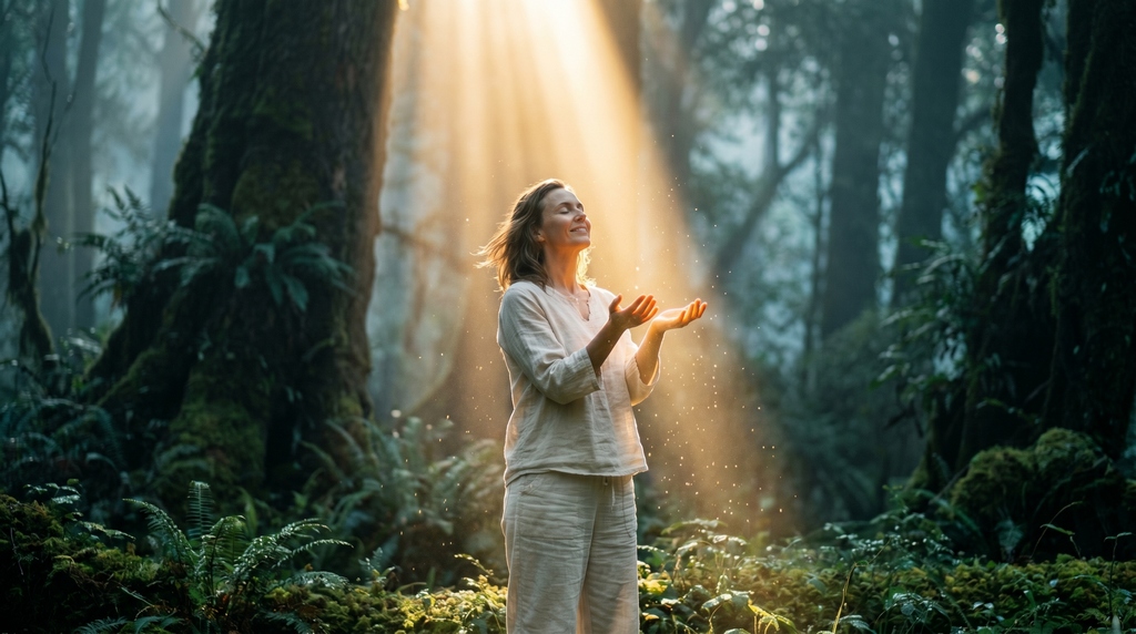 S’ouvrir à la guidance du Grand Esprit Une femme dans la forêt, les mains ouvertes vers la lumière, symbole d’ouverture et de confiance dans le Grand Esprit.