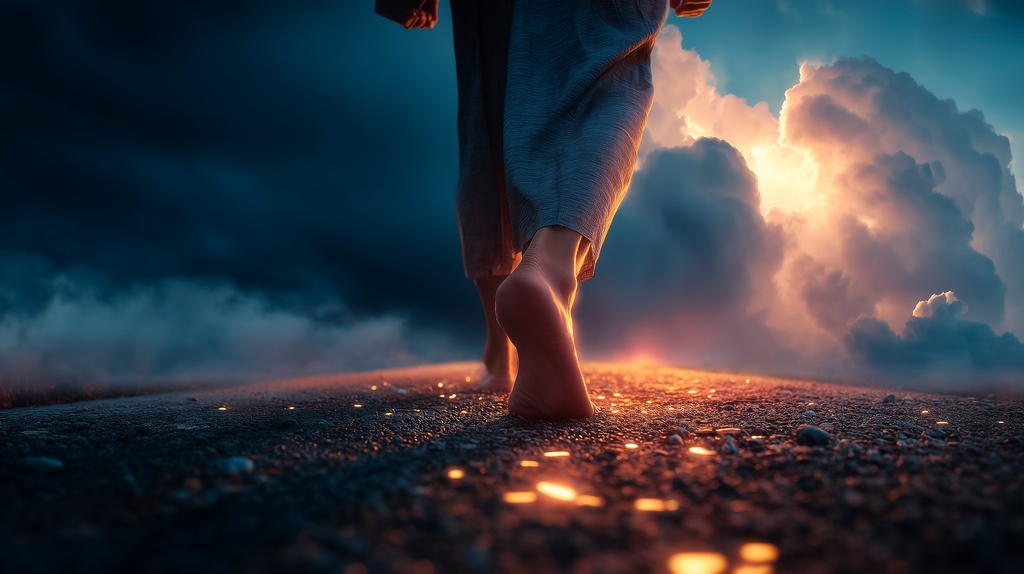Traverser les épreuves avec confiance Une personne marche vers la lumière à travers l’obscurité, symbole de confiance dans les épreuves de la vie.